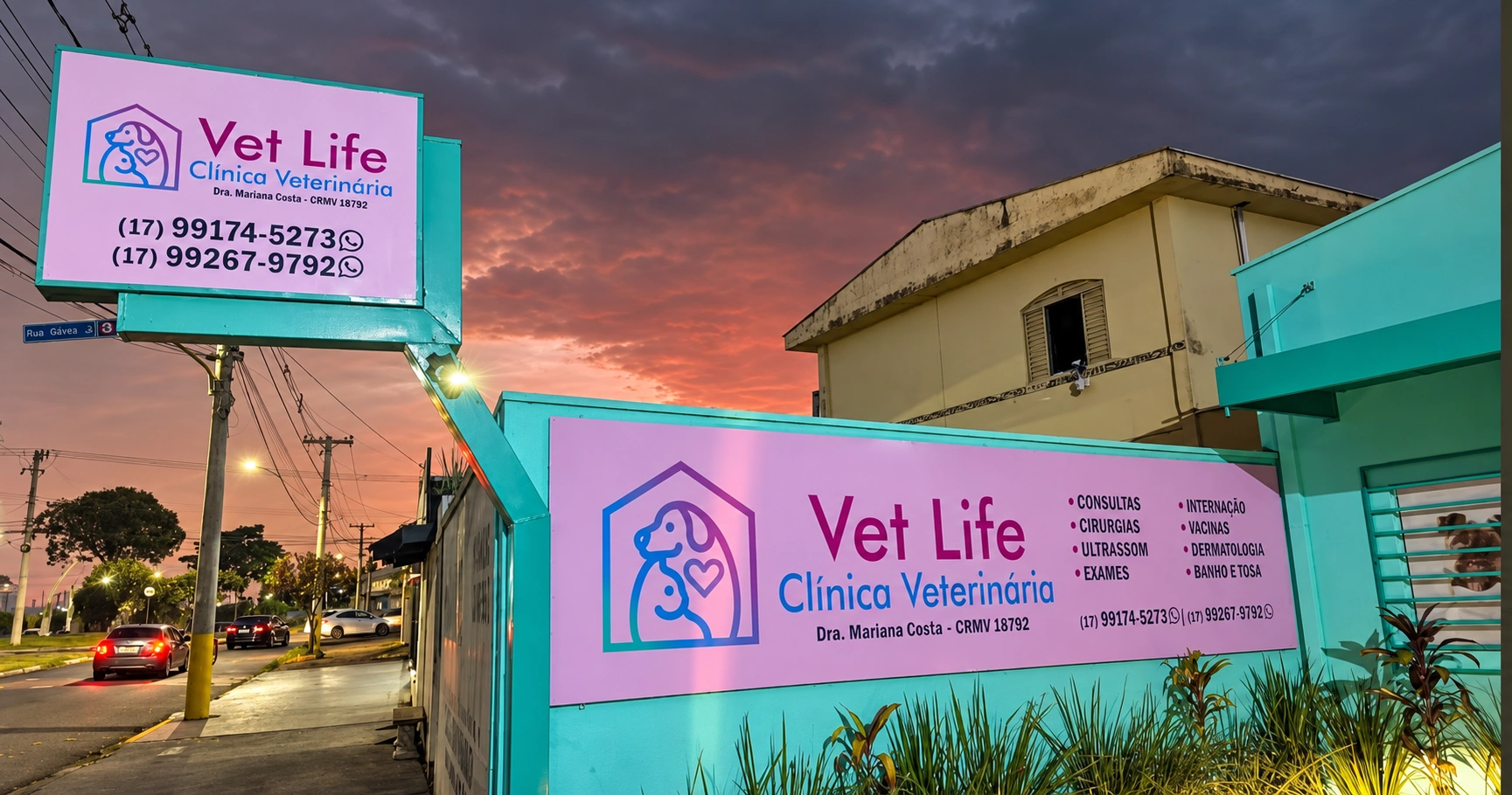 Fachada da Vet Life ao anoitecer